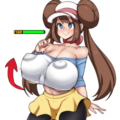 1girls, asortofcolorfag, big breasts, blue eyes, brown hair, colored, double bun, female, huge breasts, large breasts, long hair, nintendo, nipple bulge, pantyhose, pokemon