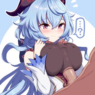 ?, ..., 1boy, ahoge, blue hair, blush, breasts, censored, closed mouth, covered nipples, cute, detached sleeves, eyebrows visible through hair, female, ganyu (genshin impact)