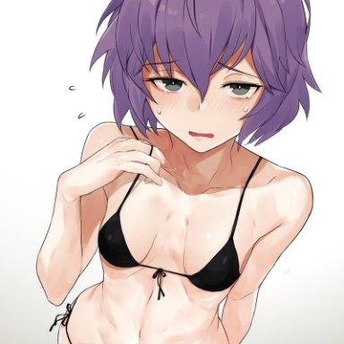 1girls, bernadetta (fire emblem), bernadetta von varley, bikini, black bikini, blush, embarrassed, fire emblem, fire emblem: three houses, grey eyes, messatsu tan, messy hair, nintendo, purple hair, skimpy clothes