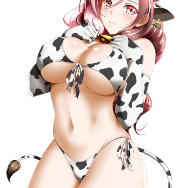 alfred cullado, animal ears, animal print, animal tail, bikini, breasts, brown eyes, brown hair, chinese zodiac, cleavage, cow ears, cow girl, cow horns, cow print, cow tail