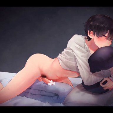 1boy, animated, black hair, blush, bottomless, censored, covering face, embarrassed, femboy, gay, humping, looking around, male only, mole, mole under eye