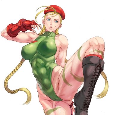 1girls, abs, beret, blonde hair, blue eyes, body paint, boots, braid, cameltoe, cammy white, cap, clothed, fighting stance, gloves, large breasts