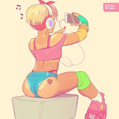 ass, athletic, athletic male, bare midriff, blonde hair, bracelet, bubble butt, butt, crop top, darkodraws, earphones, elbow pads, femboy, fingerless gloves, g-string