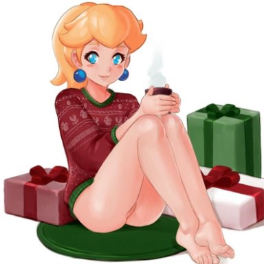 1girls, ass, bangs, barefoot, blonde hair, blue eyes, blush, blush stickers, bottomless, christmas, christmas present, christmas sweater, drink, earrings, feet