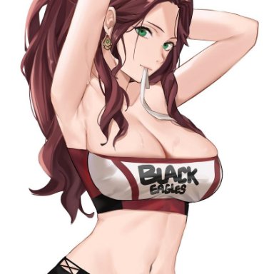 [email protected], 1girls, adjusting hair, armpits, arms behind head, arms up, bandeau, bangs, bare midriff, bare shoulders, black legwear, black skirt, breasts, brown hair, cleavage