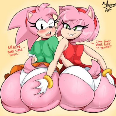 2girls, amy rose, amy rose (classic), anthro, ass, ass grab, bmayneart, female, female only, furry, huge ass, sonic (series), yuri