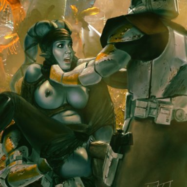 1girls, 2boys, aayla secura, big breasts, blue skin, choking, clone trooper, clone wars, double penetration, felucia, hands around neck, hands on neck, kinkyjimmy, knee boots, large breasts