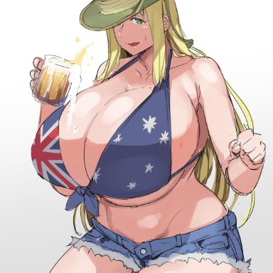 alcohol, australian, australian flag bikini, beer, beer mug, bikini, bikini top, blonde hair, breasts, cleavage, collarbone, commission, cowboy shot, gigantic breasts, green eyes