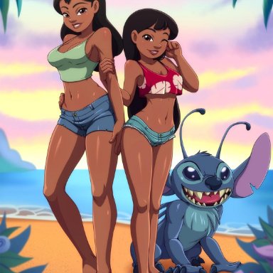 2girls, age difference, background, beach, beast, black hair, brown eyes, dark skin, dark-skinned female, grown up, large breasts, lilo and stitch, lilo pelekai, long hair, looking at viewer