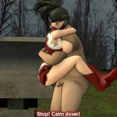 1boy, 1girls, 3d, animated, blackmail, carrying, creampie, cum inside, doggy style, english text, female, grabbing from behind, groping, human, interracial