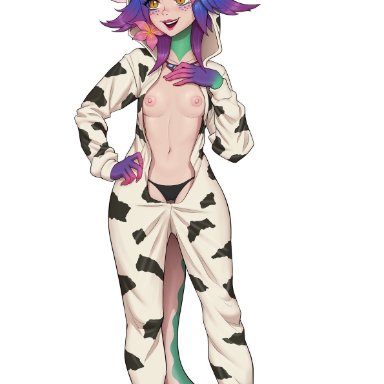 anon bardos, breasts, cowsuit, feet, flashing breasts, hand on breast, hand on hip, league of legends, lizard, neeko, nipples, onesie, open clothes, panties, small breasts