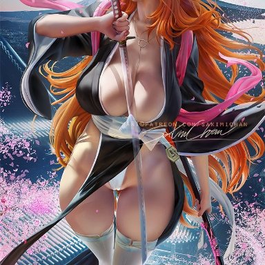 1girls, big breasts, bleach, breasts, cleavage, female, female only, large breasts, matsumoto rangiku, pinup, sakimichan, solo, thick thighs, thighhighs, wide hips