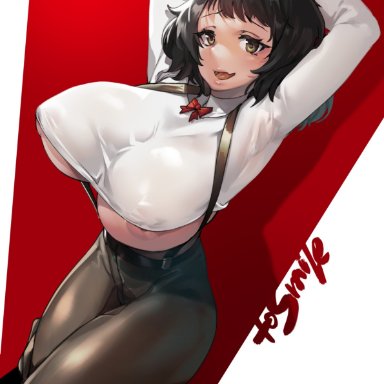 1girls, big breasts, black hair, black legwear, leggings, persona, persona 5, red bow, sadayo kawakami, smile, solo, suspenders, tamada heijun, underboob, white shirt