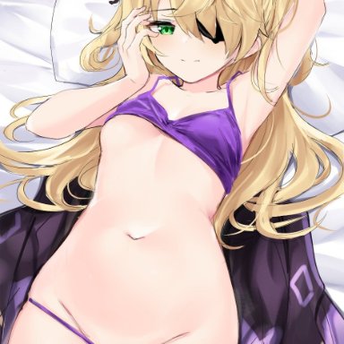 belly button, blonde hair, eyepatch, fischl (genshin impact), genshin impact, green eyes, looking at viewer, panties, shengtian, tagme, yellow eyes