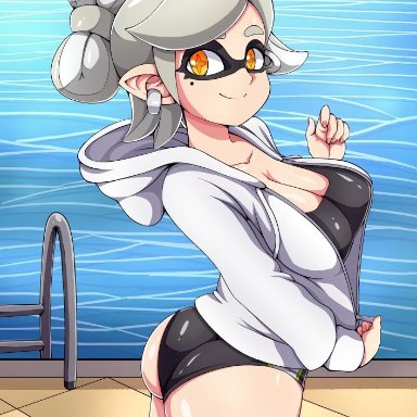 1girls, 2:3, ass, black swimsuit, breasts, cephalopod, cephalopod humanoid, cleavage, clothed, clothing, clothing aside, earrings, female, female focus, female only