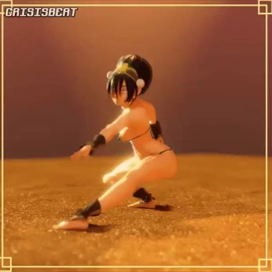 1girls, 3d, aged up, alternate costume, alternate version available, animated, artist name, avatar the last airbender, bangs, barefoot, bikini, bikini bottom, bikini top, black hair, blind