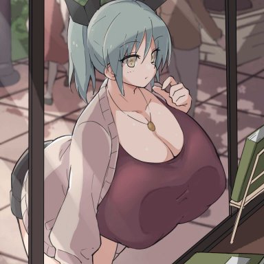 1girls, against glass, against window, bent over, big breasts, blue hair, breast press, breasts, busty, cleavage, clothed, clothing, female, female focus, fully clothed