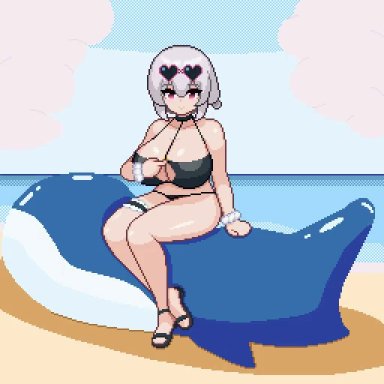 animated, areolae, azur lane, beach, bikini, bouncing breasts, breasts, huge breasts, nipples, pixel art, raccoon (potesara), sirius (azur lane), sitting, video, wardrobe malfunction