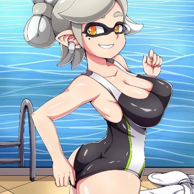 1girls, 2:3, ass, black swimsuit, breasts, cephalopod, cephalopod humanoid, cleavage, clenched teeth, clothing, clothing aside, earrings, female, female focus, female only