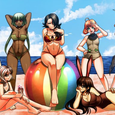 android, beach, bikini, black hair, brown hair, cinder fall, coco adel, emerald sustrai, green hair, jadenkaiba, looking at viewer, neo (rwby), one-piece swimsuit, orange hair, penny polendina