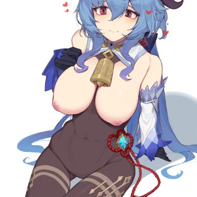 1girls, ahoge, areolae, ass visible through thighs, bare shoulders, bell, big breasts, blue hair, blush, bodysuit, breasts, cowbell, embarrassed, ganyu (genshin impact), genshin impact