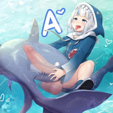 1futa, a, animal hood, balls, bangs, blue eyes, blue hair, blue hoodie, blush, censored, clothed, clothing, feral, fish tail, futa on feral