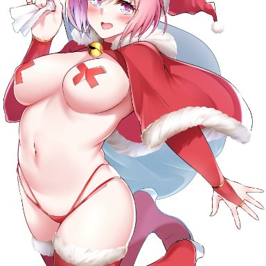 big breasts, blush, christmas, curvy, fate (series), fate/grand order, gin moku, hair over one eye, looking at viewer, mash kyrielight, pale skin, pale-skinned female, pasties, pink eyes, pink hair
