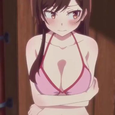 1boy, 3girls, animated, bangs, bikini, blush, breasts, brown eyes, brown hair, clavicle, cleavage, closed mouth, embarrassed, english, english text