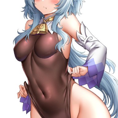 1girls, bell, blue hair, blush, cameltoe, female, female only, ganyu (genshin impact), genshin impact, horns, leotard, long hair, purple eyes, solo, solo female