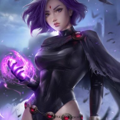 blondynkitezgraja, flowing hair, looking at viewer, purple hair, raven, tagme, teen titans