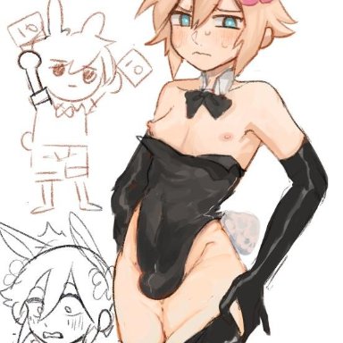 basil, blonde hair, blue eyes, bunny ears, bunnysuit, femboy, flower, looking at viewer, male, nipples, omori, penis, penis out, short hair, solo