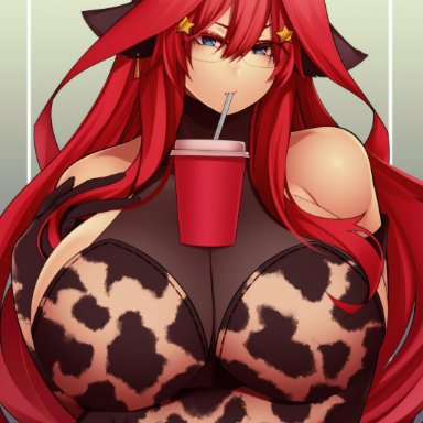 1girls, absurdres, breasts, cleavage, cow girl, cow print, female, female only, go-toubun no hanayome, highres, huge breasts, looking at viewer, nachocobana, nakano itsuki, solo