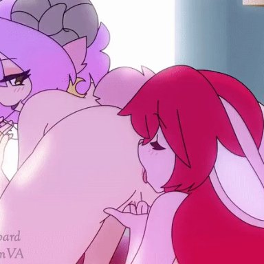 alcohol, all fours, anal, anilingus, animated, anthro, bedroom, beverage, bovid, caprine, cotton tail, dreamflower, dreamflowerbunny, duo, ears back