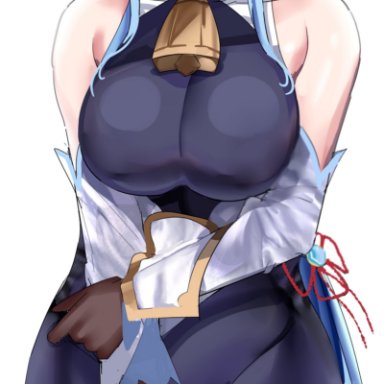 1girl, 1girls, absurd res, absurdres, adamant369, bare shoulders, big breasts, blue hair, blush, blushing, breasts, bursting breasts, busty, cow bell, curvaceous