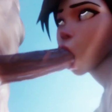 1boy, 1girls, 3d, animated, areolae, blowjob, breasts, brown hair, earrings, erect nipples, fellatio, female, female focus, large penis, lesbian with male