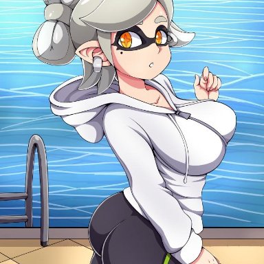 1girls, 2:3, ass, breasts, cephalopod, cephalopod humanoid, clothed, clothing, earrings, female, female focus, female only, hair ribbon, hi res, hoodie