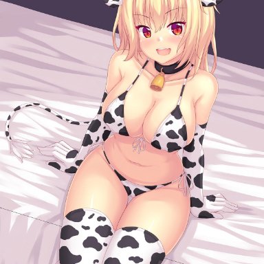 animal ears, bikini, blonde hair, bra, breasts, cleavage, cow print, gloves, horns, panties, red eyes, side-tie bikini, side-tie panties, sitting, tail