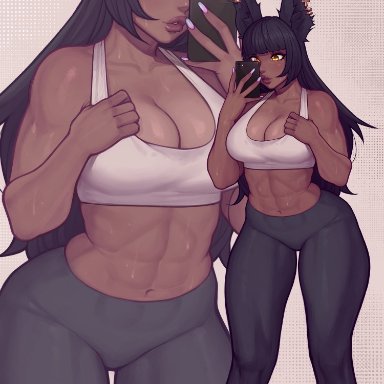 1girls, abs, asura (artist), big breasts, cleavage, dark skin, dark-skinned female, female, female only, large breasts, muscles, muscular, muscular female, rabbit humanoid, thick thighs