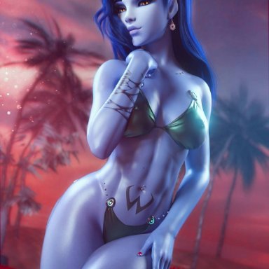 blue body, blue hair, blue skin, noahgraphicz, orange eyes, overwatch, widowmaker