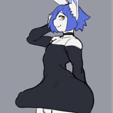 anthro, armwear, ass, balls, big bulge, big butt, biped, black armwear, black clothing, black dress, black legwear, blue hair, blue inner ear, bulge, bunybunyboi