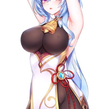 1girls, armpits, arms up, bell, big breasts, bindong, blue hair, bodysuit, curvy, female, female only, ganyu (genshin impact), genshin impact, horns, large breasts