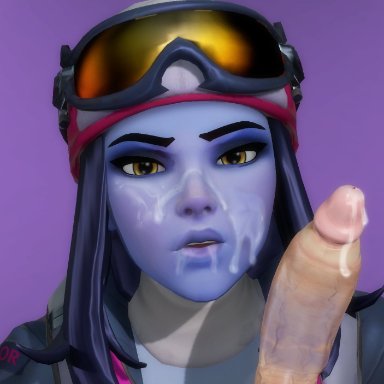 3d, biathlon widowmaker, blue skin, cum, cum on face, eyeshadow, lipstick, lipstick mark, lipstick on penis, male pov, overwatch, pov, rwt4184, straight, widowmaker