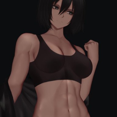 abs, attack on titan, mikasa ackerman, no panties, sports bra, zaki btw