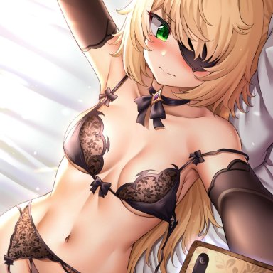 1girls, blonde hair, blush, bra, breasts, eyepatch, female, female only, fischl (genshin impact), garter belt, garter straps, genshin impact, green eyes, hi res, lingerie