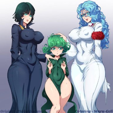 3girls, areola bulge, big breasts, big dom small sub, breasts, curvy, erect nipples under clothes, female, femsub, fubuki (one-punch man), glasses, hourglass figure, huge breasts, imminent rape, imminent sex