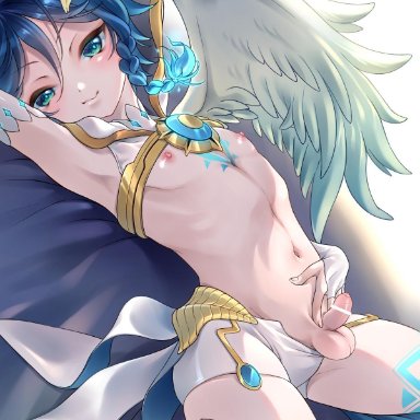 1boy, androgynous, angel, angel wings, balls, blue eyes, blue hair, boy, erection, femboy, foreskin, looking at viewer, male, male only, micropenis