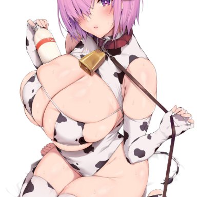 1girls, 2021, alternate breast size, alternate costume, bed, big breasts, bikini, blush, breasts, cleavage, cow ears, cow girl, cow horns, cow print, cow tail