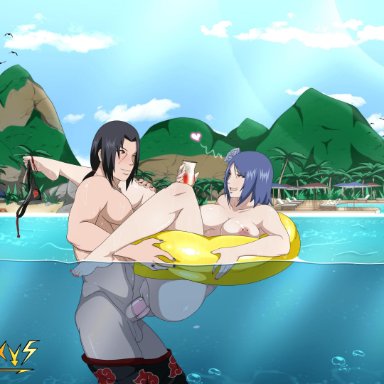 1boy, 2girls, akatsuki, akatsuki (naruto), alcohol, alternate version available, anus, areolae, ass, balls, barefoot, beach, big ass, big breasts, bikini