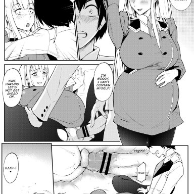 1boy, 1girls, big belly, big breasts, big penis, black and white, breasts, censored, clothed, clothed sex, clothing, darling in the franxx, dialogue, english text, female