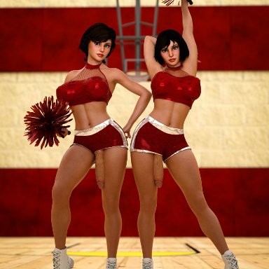 2girls, 3d, bioshock, bioshock infinite, busty, cheerleader, cheerleader uniform, elizabeth, elizabeth (bioshock infinite), futanari, irrelevant3d, penis, tagme